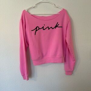 PINK Script Logo Off-Shoulder Sweatshirt - Bubblegum Pink
